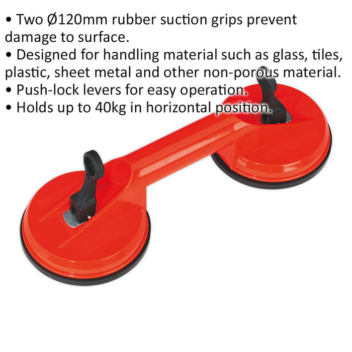 Rubber Suction Gripper Tool - Twin 120mm Heads - Locking Handle - 40kg Limit Loops