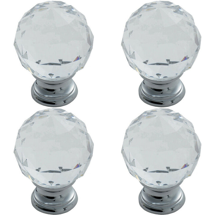 4x Faceted Crystal Cupboard Door Knob 40mm Dia Polished Chrome Cabinet Handle Loops