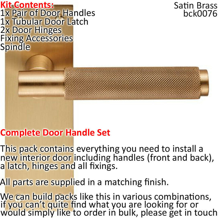 Door Handle & Latch Pack Satin Brass Knurled Round Bar Lever Slim Backplate Loops