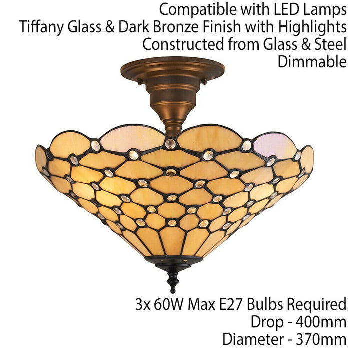 Tiffany Glass Semi Flush Ceiling Light Amber Geometric Inverted Shade i00161 Loops