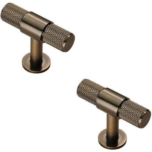 2x Knurled Cupboard T Shape Pull Handle 50 x 13mm Antique Brass Cabinet Handle Loops
