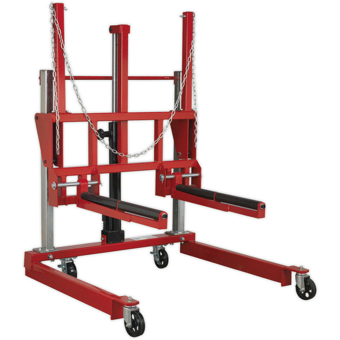 500kg Wheel Removal Trolley - Adjustable Width  & Rollers - Hydraulic Foot Pedal Loops