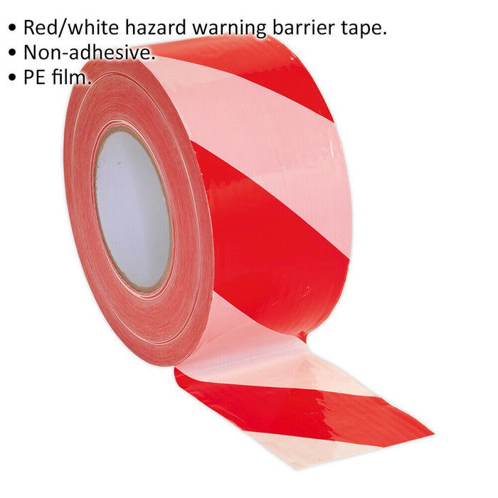 80mm x 100m Red & White Stripe Non-Adhesive Barrier Tape - Hazard Warning Safety Loops