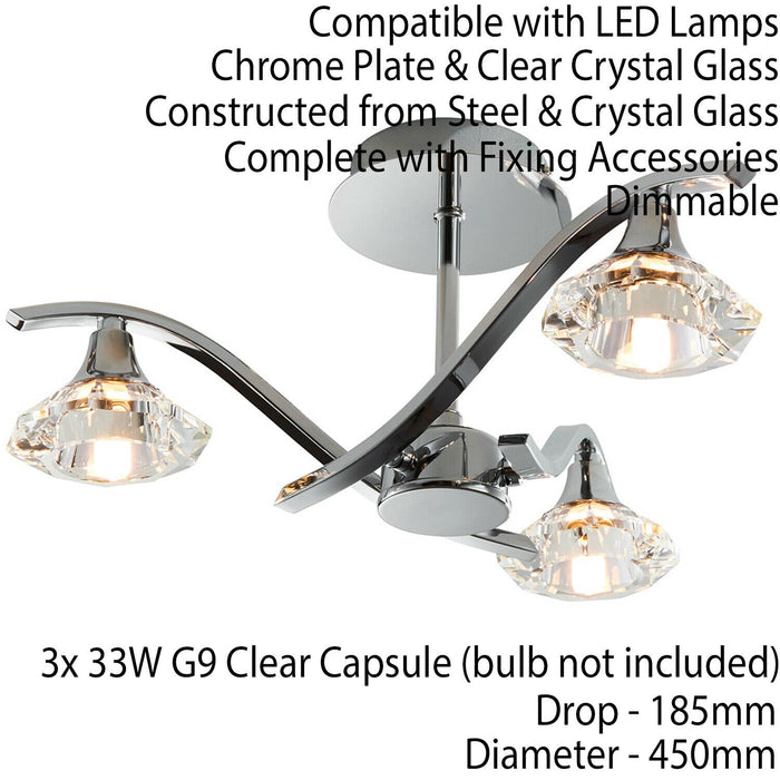 Semi Flush Ceiling Light Chrome Clear Crystal 3 Bulb Hanging Pendant Lamp Shade Loops