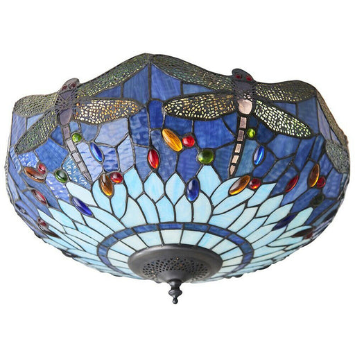 Tiffany Glass Semi Flush Ceiling Light Blue Dragonfly Inverted Shade i00044 Loops