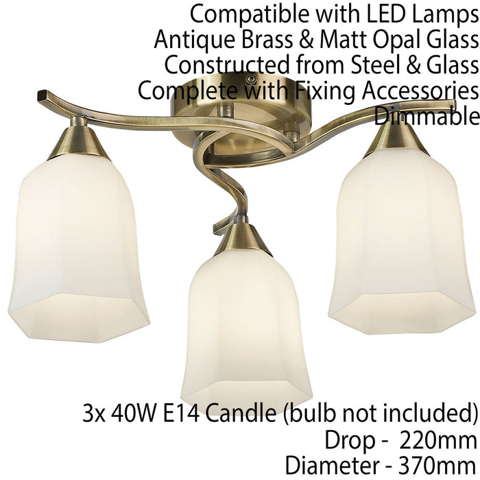 Semi Flush Ceiling Light Antique Brass Opal Glass 3 Bulb Down Lamp Shade Pendant Loops