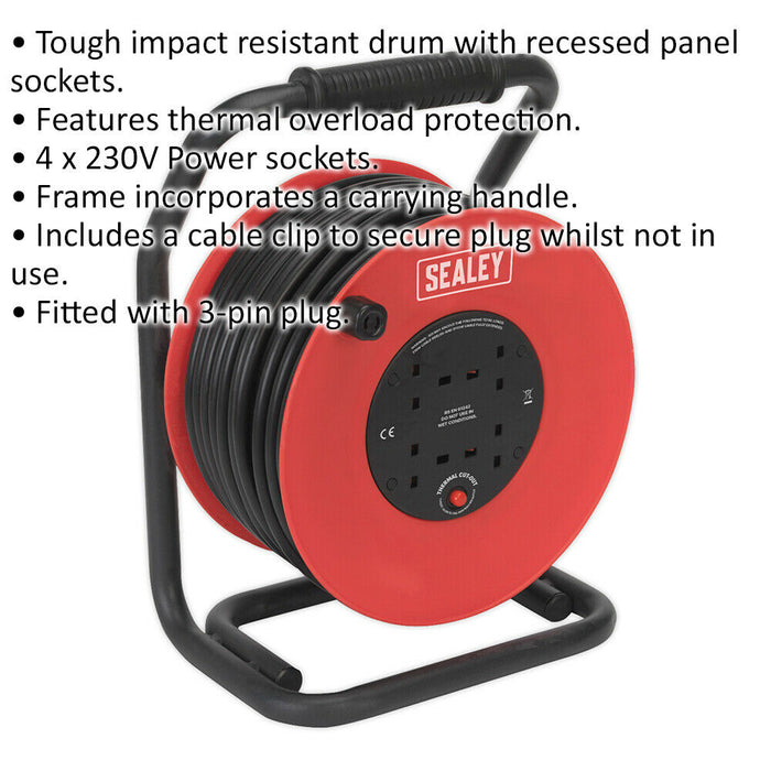 50m Heavy Duty Cable Reel with Thermal Trip - 4  230V Plug Socket Extension Lead Loops