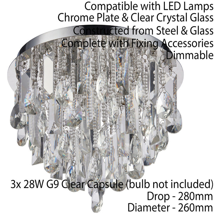 Flush Ceiling Mount Light Chrome & Crystal Shade Round Vintage Bulb Pendant Rose Loops