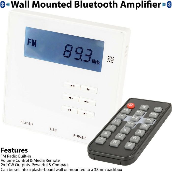 Wall Mounted Mini Bluetooth Amplifier & White Wall Speakers Kit Stereo HiFi Amp