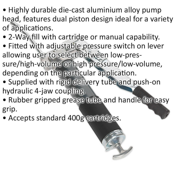 Heavy Duty Adjustable Flow Grease Gun - 2-Way Fill - Dual Piston Design Loops