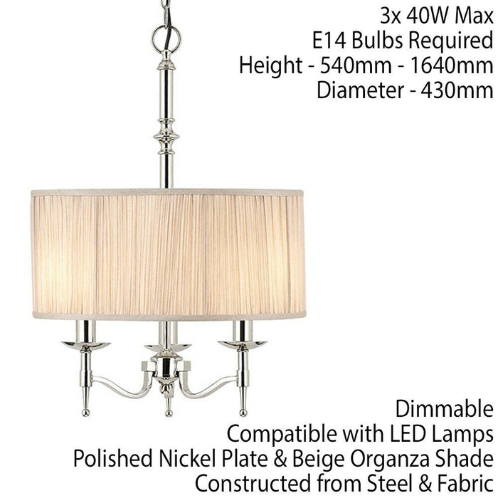 Avery Ceiling Pendant Chandelier Light 3 Lamp Bright Nickel & Beige Round Shade Loops