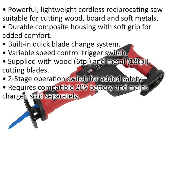 20V Cordless Reciprocating Saw - 22mm Stroke - BODY ONLY - Durable & Lightweight Loops