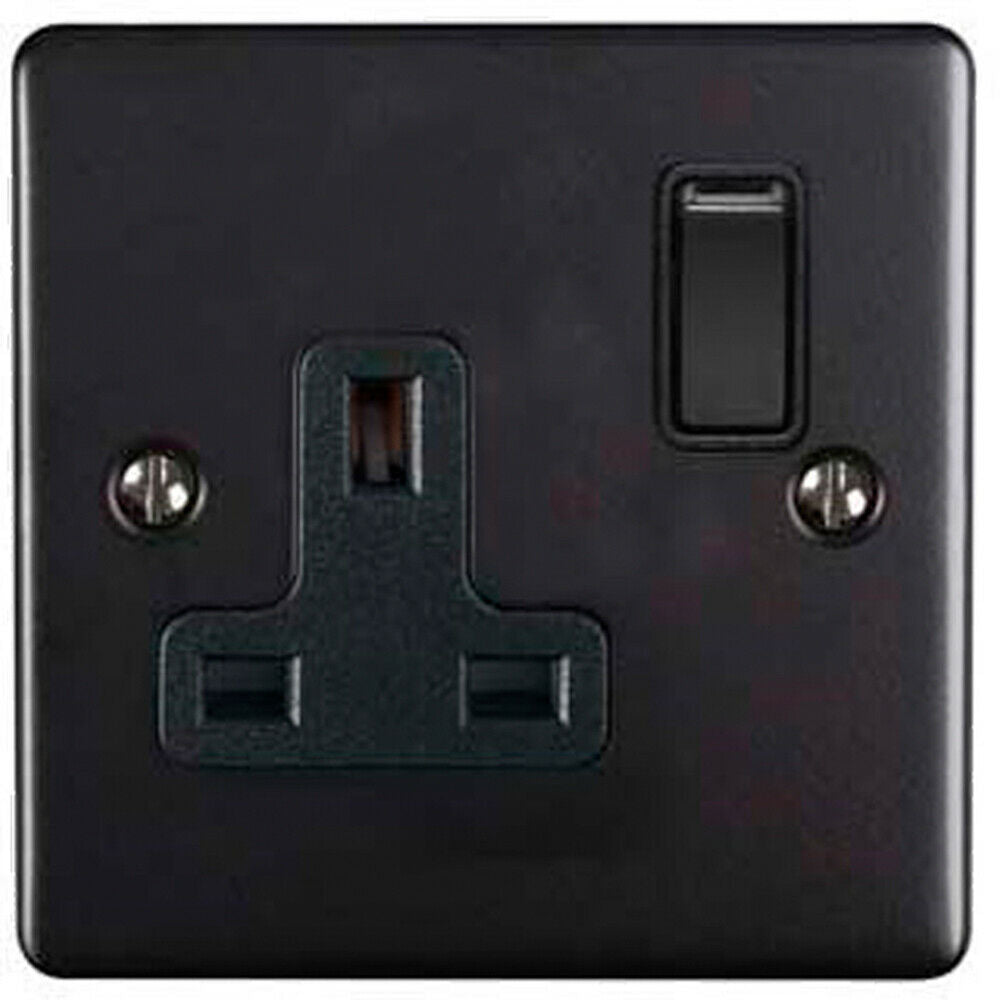 One Plug Socket 1 Gang Single UK Plug Socket MATT BLACK 13A Switched Mains Wall Power ...