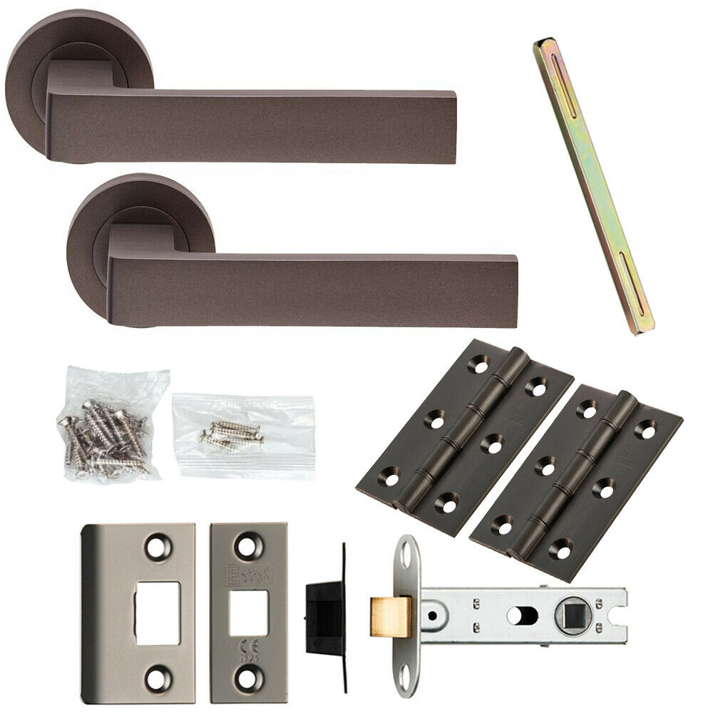 Door Handle & Latch Pack Matt Bronze Flat Square Lever Screwless Round Rose Loops