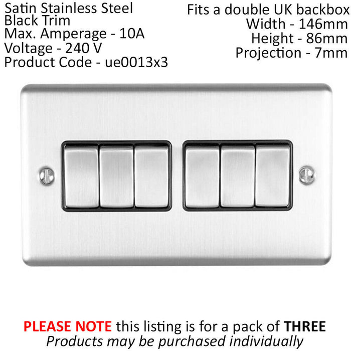 3 PACK 6 Gang Metal Multi Light Switch SATIN STEEL 2 Way 10A Black Trim Loops