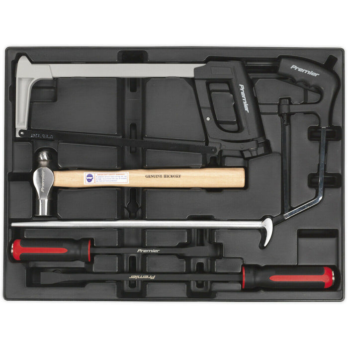 6 Pc PREMIUM Pry Bar Hammer & Hacksaw Set with Modular Tool Tray - Tool Storage Loops