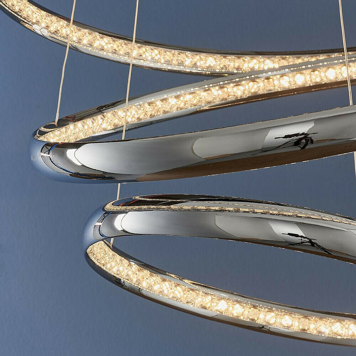 LED Ceiling Pendant Light 47W Warm White Chrome & Crystal 3 Ring/Hoop Strip Lamp Loops