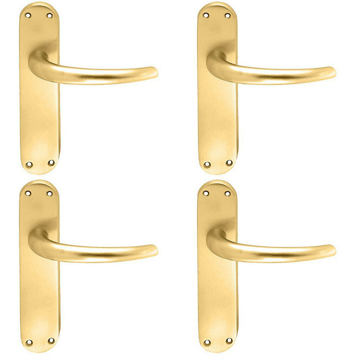 4x PAIR Slim Round Bar Handle on Shaped Latch Backplate 185 x 40mm Satin Brass Loops