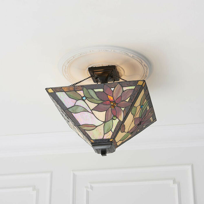 Tiffany Glass Semi Flush Ceiling Light Bronze Floral Inverted Lamp Shade i00160 Loops