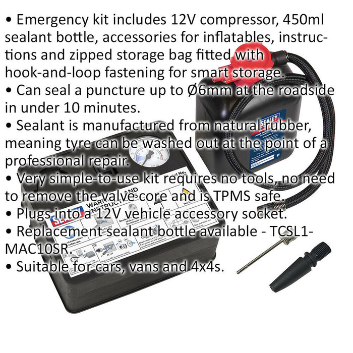 12V Emergency Tyre Repair Kit - Car Puncture Sealant & Mini Inflator Compressor Loops