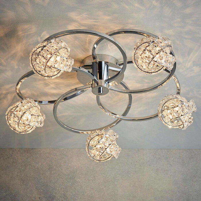 5 Bulb Ceiling Lamp & 2x Matching Wall Light Chrome Arm & Crystal Twist Shade Loops