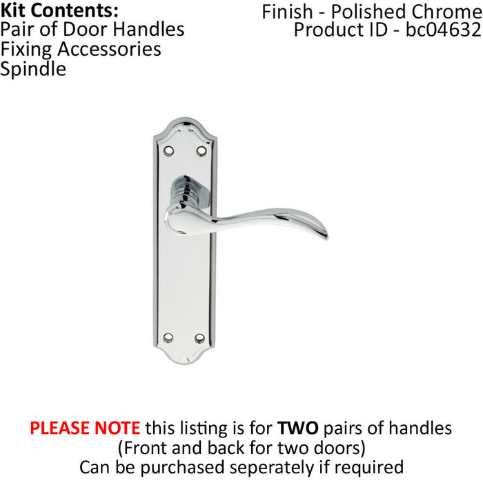 2x PAIR Curved Door Handle Lever on Latch Backplate 180 x 45mm Polished Chrome Loops