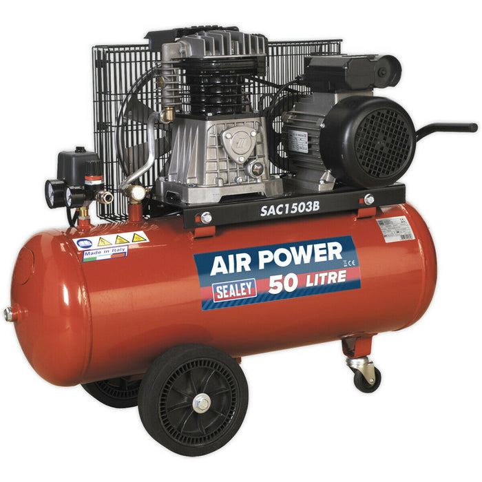 50 Litre Mobile Belt Drive Air Compressor - 3hp Motor - Quick Release Coupling Loops