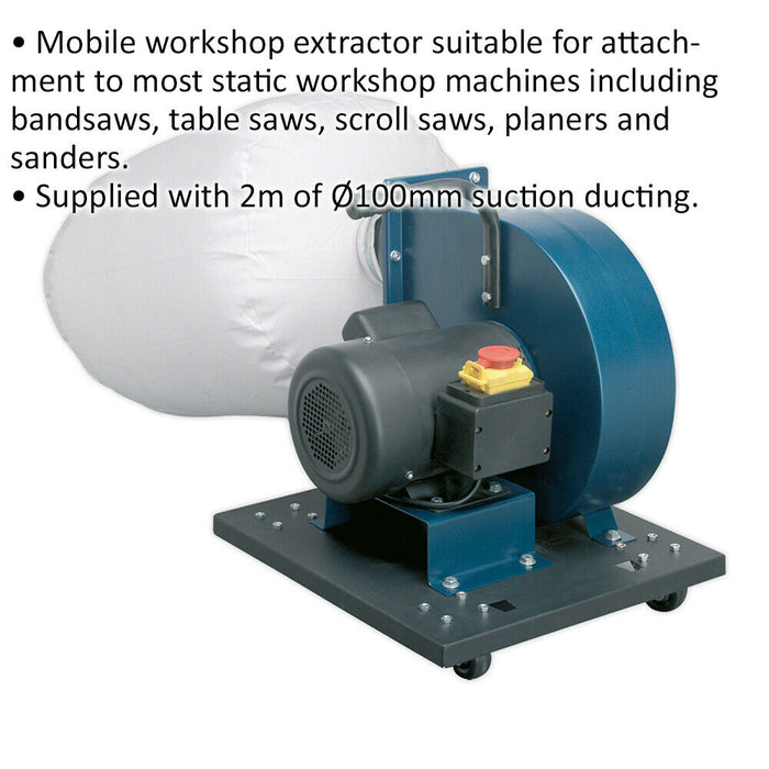 2hp Mobile Workshop Extractor - Dust & Chip Extractor - 2m x 100mm Ducting Loops