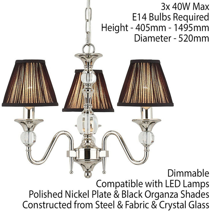 Diana Ceiling Pendant Chandelier Bright Nickel & Black Pleat Shade 3 Lamp Light Loops