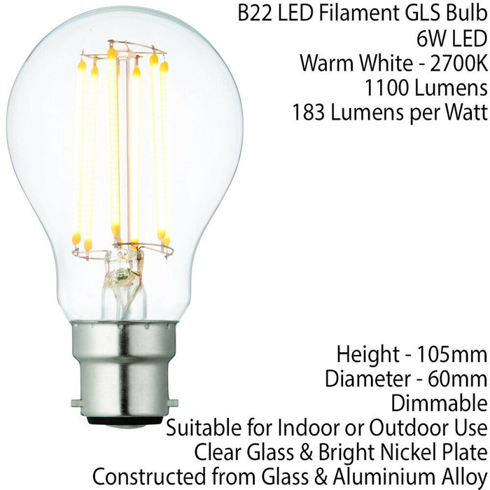 B22 Bayonet Dimmable LED Filament Light Bulb 6W Warm White Clear Glass GLS Lamp Loops