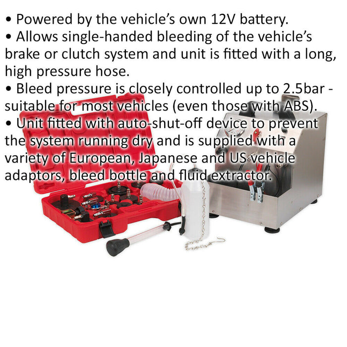 12V Brake & Clutch Pressure Bleeding Kit - 2L Capacity - Auto Shut Off Device Loops