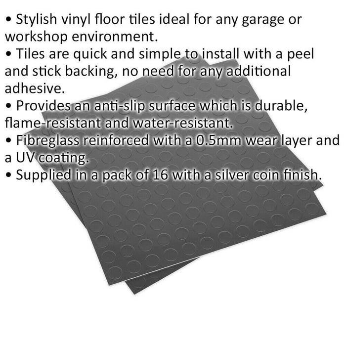 16 PACK Vinyl Floor Tile - Peel & Stick Backing - 457.2 x 457.2mm - Silver Coin Loops