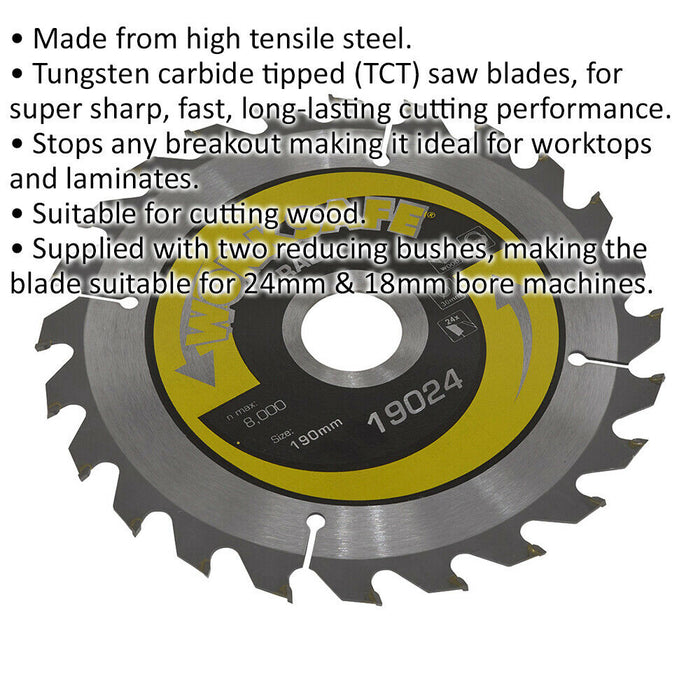 190 x 30mm TCT Circular Saw Blade - 30mm Bore - 24 TPU - Hi-Ten Steel Wood Saw Loops