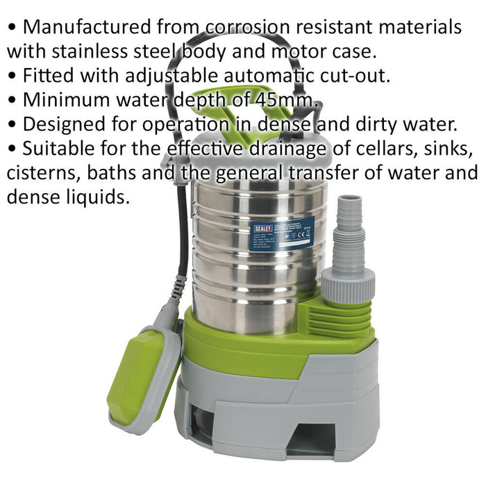 Submersible Stainless Steel Dirty Water Pump - 225L/Min - Automatic Cut-Out Loops
