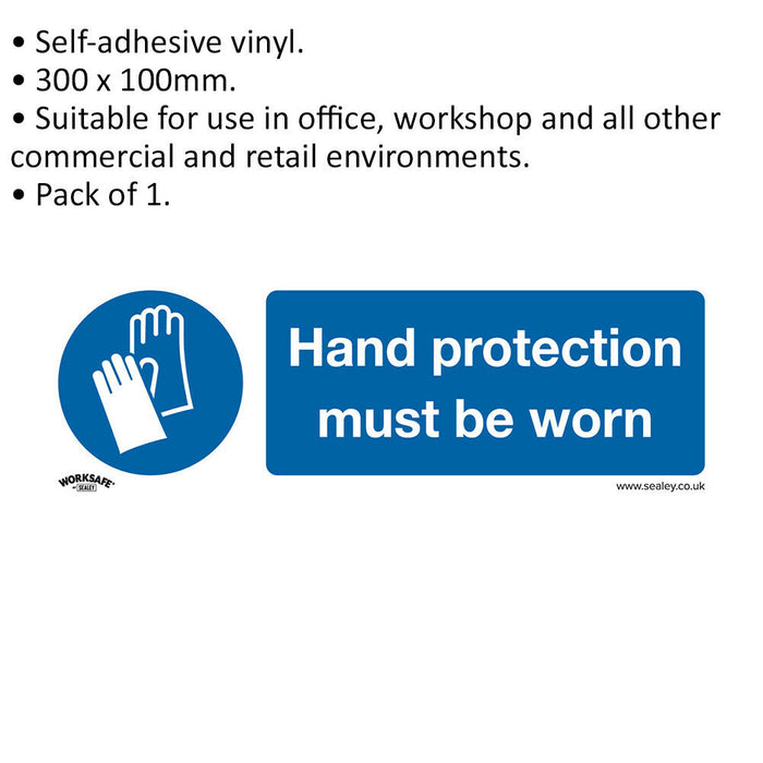 1x HAND PROTECTION MUST BE WORN Safety Sign - Self Adhesive 300 x 100mm Sticker Loops