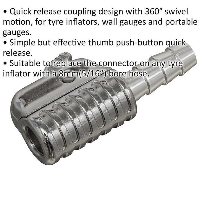 8mm Male Bore Straight Tyre Inflator Clip-on Connector 360 Swivel Head Adapter Loops