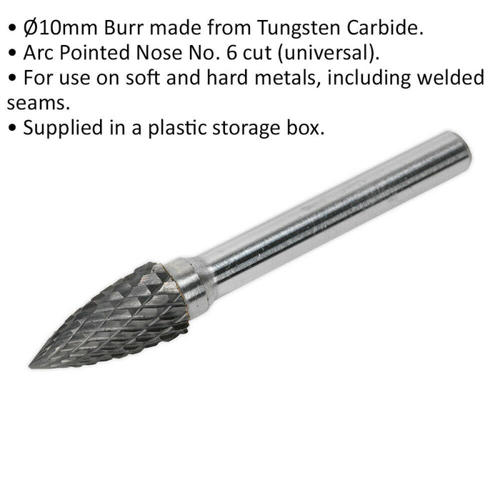 10mm Tungsten Carbide Rotary Burr Bit - Arc Pointed Nose Engraving Milling Tool Loops