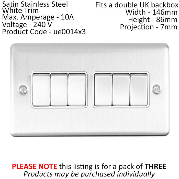 3 PACK 6 Gang Metal Multi Light Switch SATIN STEEL 2 Way 10A White Trim Loops