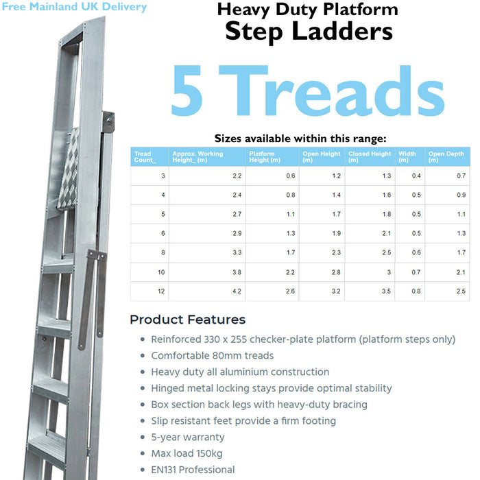 1.1m Aluminium Platform Step Ladders 5 Tread Home DIY Lightweight Metal Steps Loops