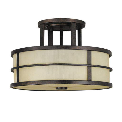 3 Bulb Semi Flush Light Amber Ribbed Glass Shade Grecian Bronze LED E27 60W Loops