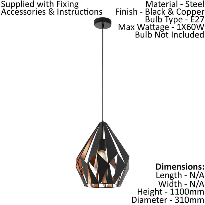 Ceiling Pendant Light & 2x Matching Wall Lights Black & Copper Shard Geometric Loops