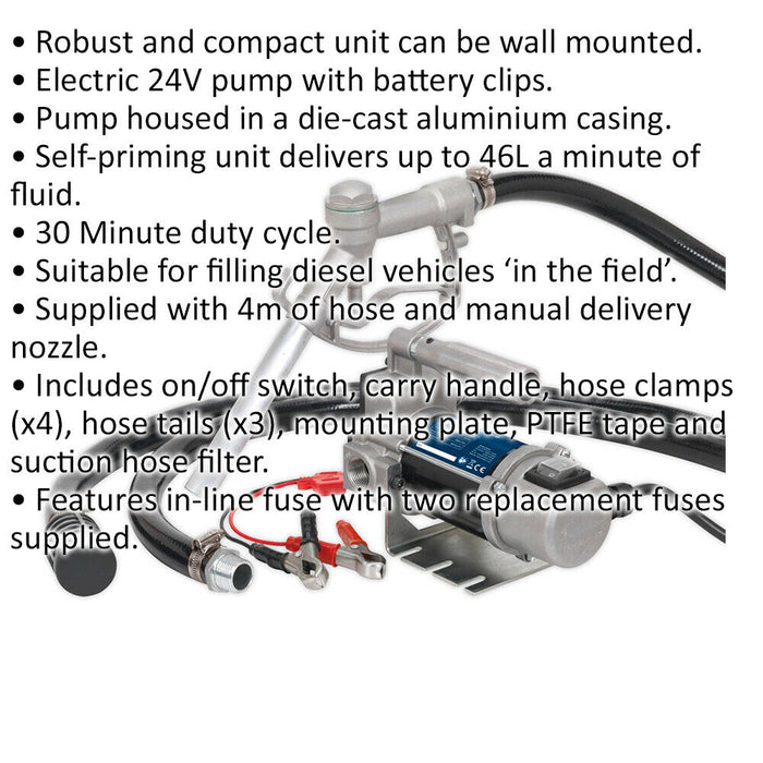 24V Portable Diesel & Fluid Transfer Pump - Self-Priming Manual Delivery Nozzle Loops