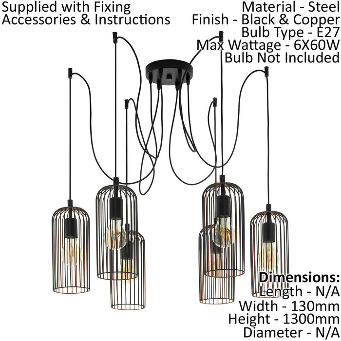 Hanging Ceiling Pendant Light Black Cage 6x Bulb E27 Adjustable Spider Lamp Loops