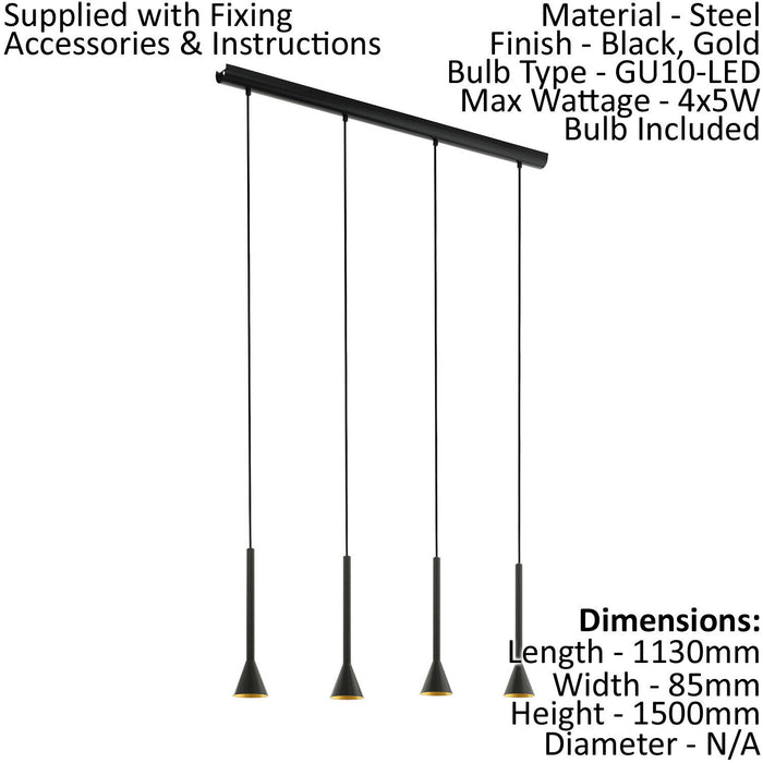 Pendant Ceiling Light Colour Black Outer & Gold Inner Shade Bulb GU10 4x5W Loops