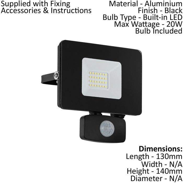 IP44 Outdoor Flood Light & PIR Sensor Black Aluminium 20W Built in LED Loops