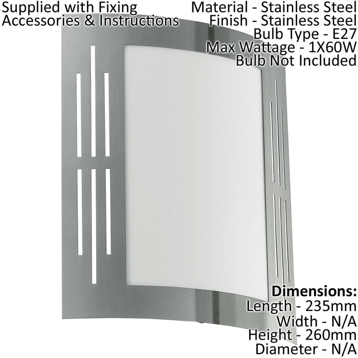 IP44 Outdoor Wall Light Stainless Steel Square 1 x 60W E27 Bulb Porch Lamp Loops