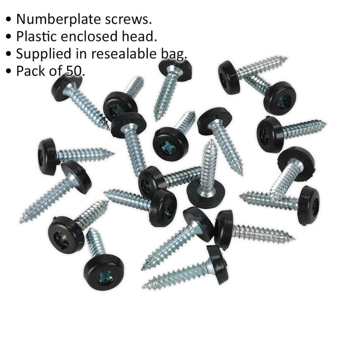 50 PACK 4.8 x 24mm Black Numberplate Screw - Plastic Enclosed Head Fixings Loops