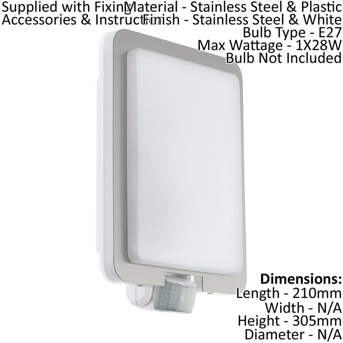 IP44 Outdoor Wall Light & PIR Sensor Stainless Steel Square 1 x 28W E27 Bulb Loops