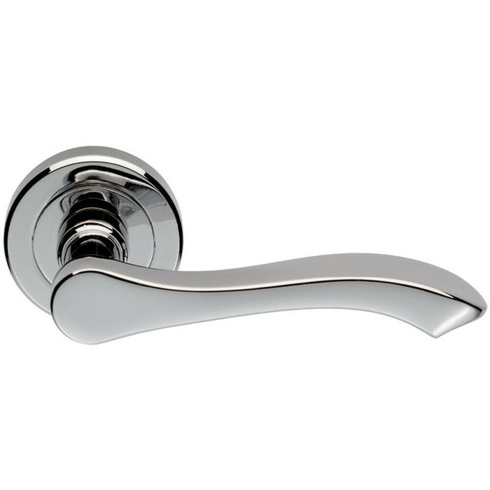Door Handle & Latch Pack Chrome Modern Scroll Curved Arm Screwless Round Rose Loops