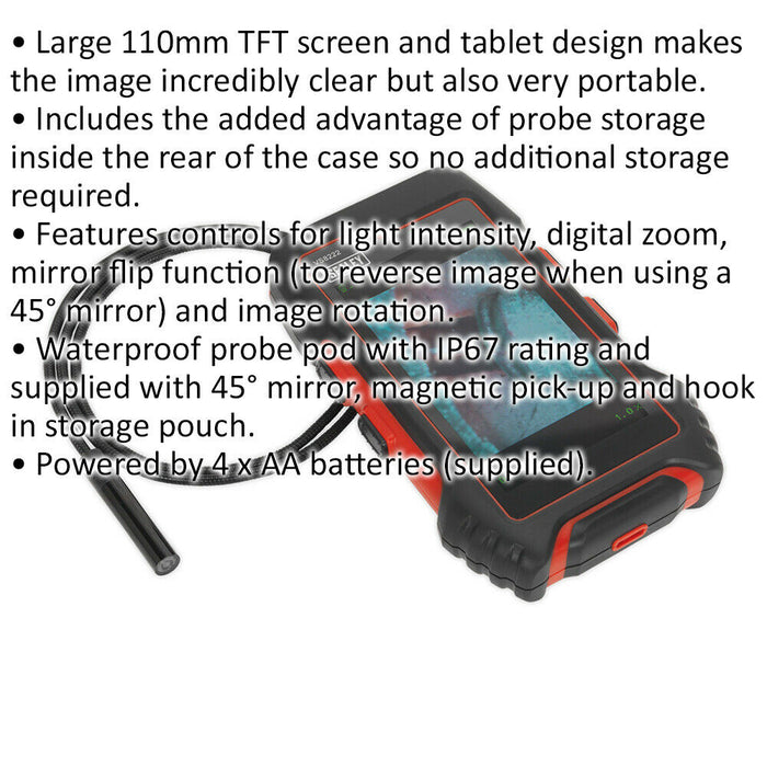 Tablet Video Borescope - 9mm Camera - TFT Screen - 830mm Probe - IP67 Rated Loops